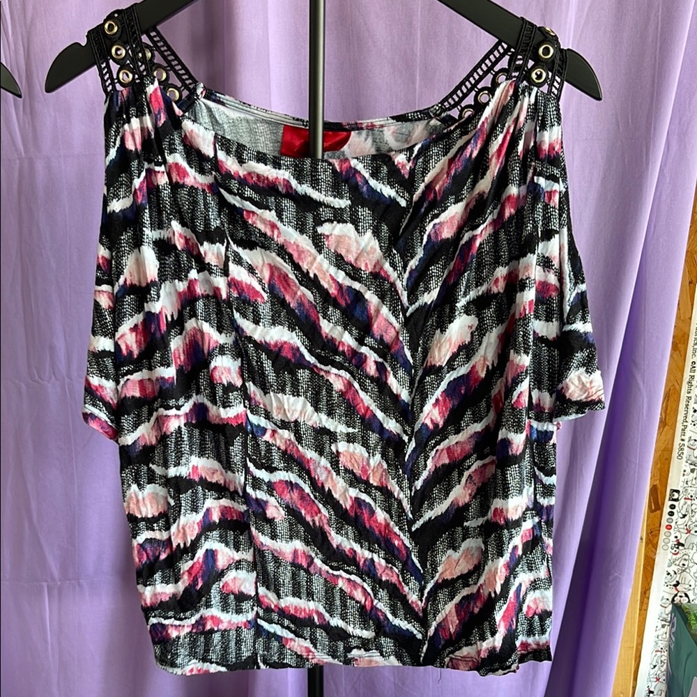 Jennifer Lopez Black and White Graphic Asymmetrical Blouse